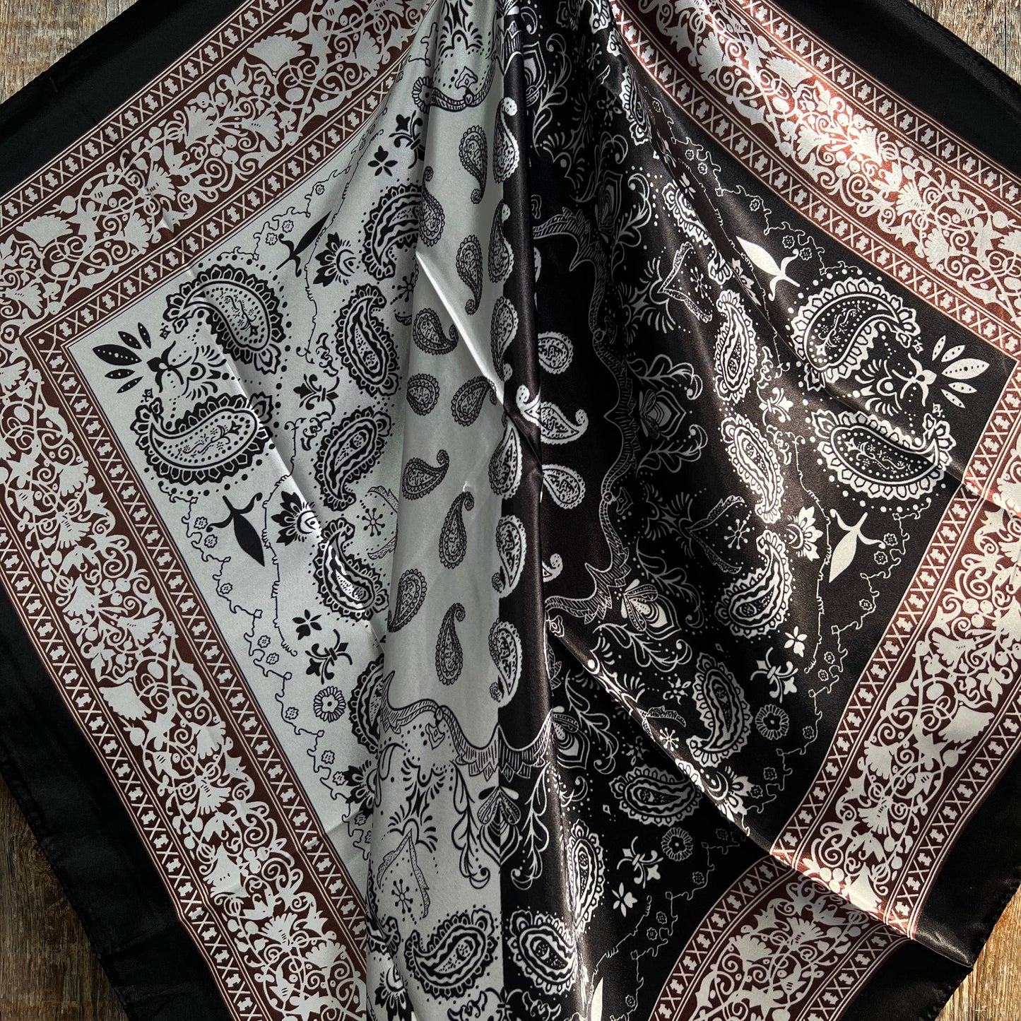35X35" Two Tone Black Paisley Wild Rag/Scarf + Concho Slide