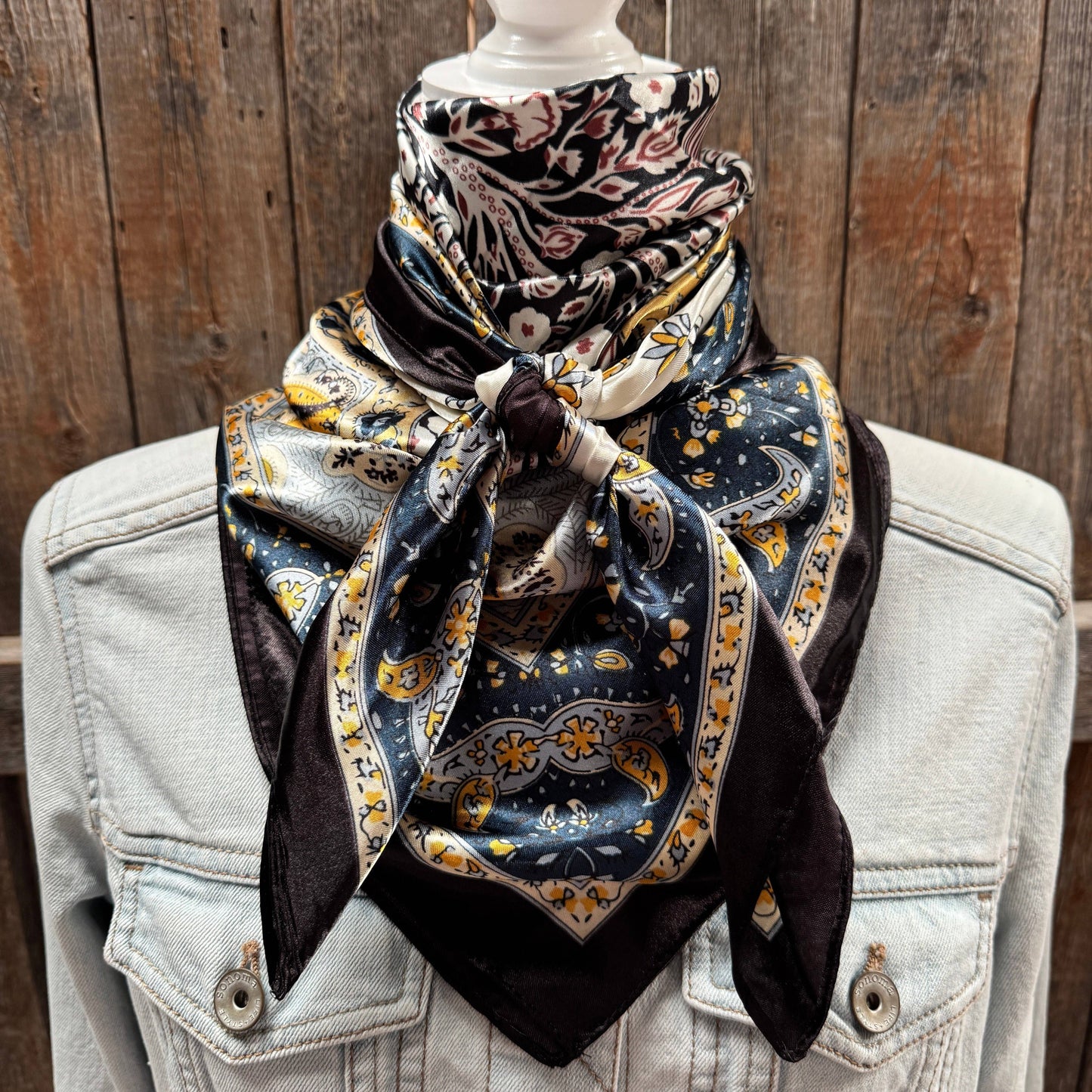 35X35" Black, Blue and Gold Floral Wild Rag/Scarf