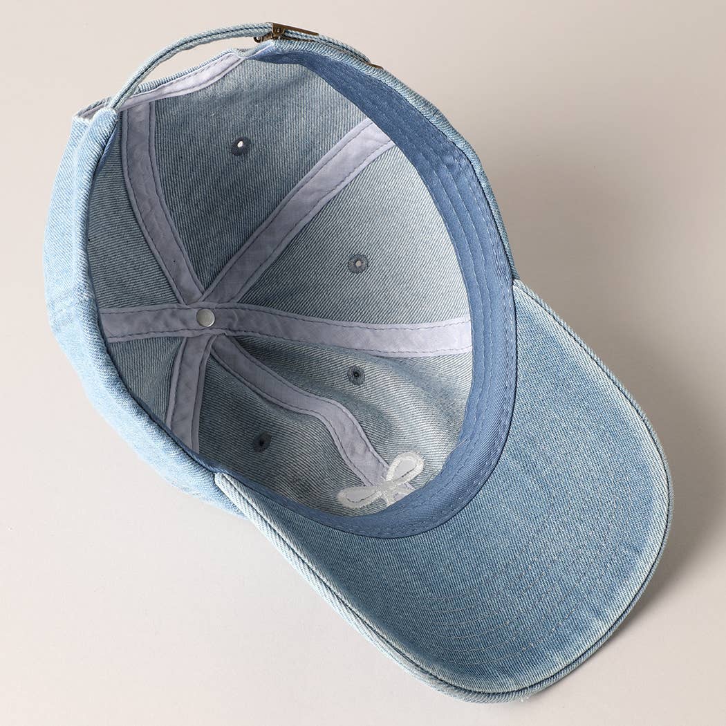 Trendy Bow Image Embroidered Denim Baseball Cap: LIGHT BLUE / ONE SIZE