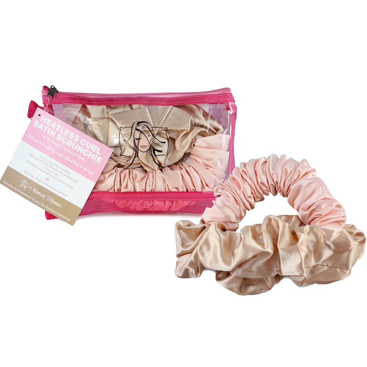 Satin Heatless Curl Scrunchie: Pink/Champagne