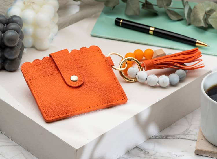 Leather Keychain Wallet With Wristlet Bangle Bracelet: Red