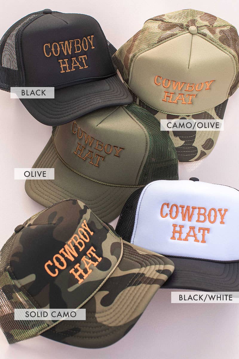 Cowboy Embroidery Trucker Hat Cap: Camo/Olive