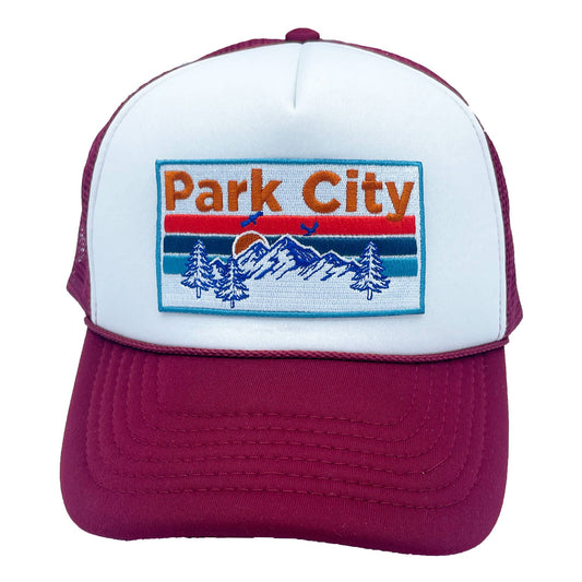Park City, Utah Trucker Hat - Retro Mountain -  Maroon/White