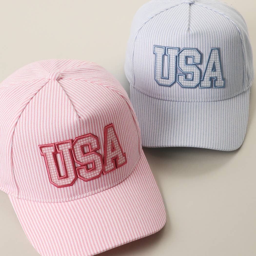 USA Embroidered Patch Gingham Stripe Trucker Hat: PINK / One Size