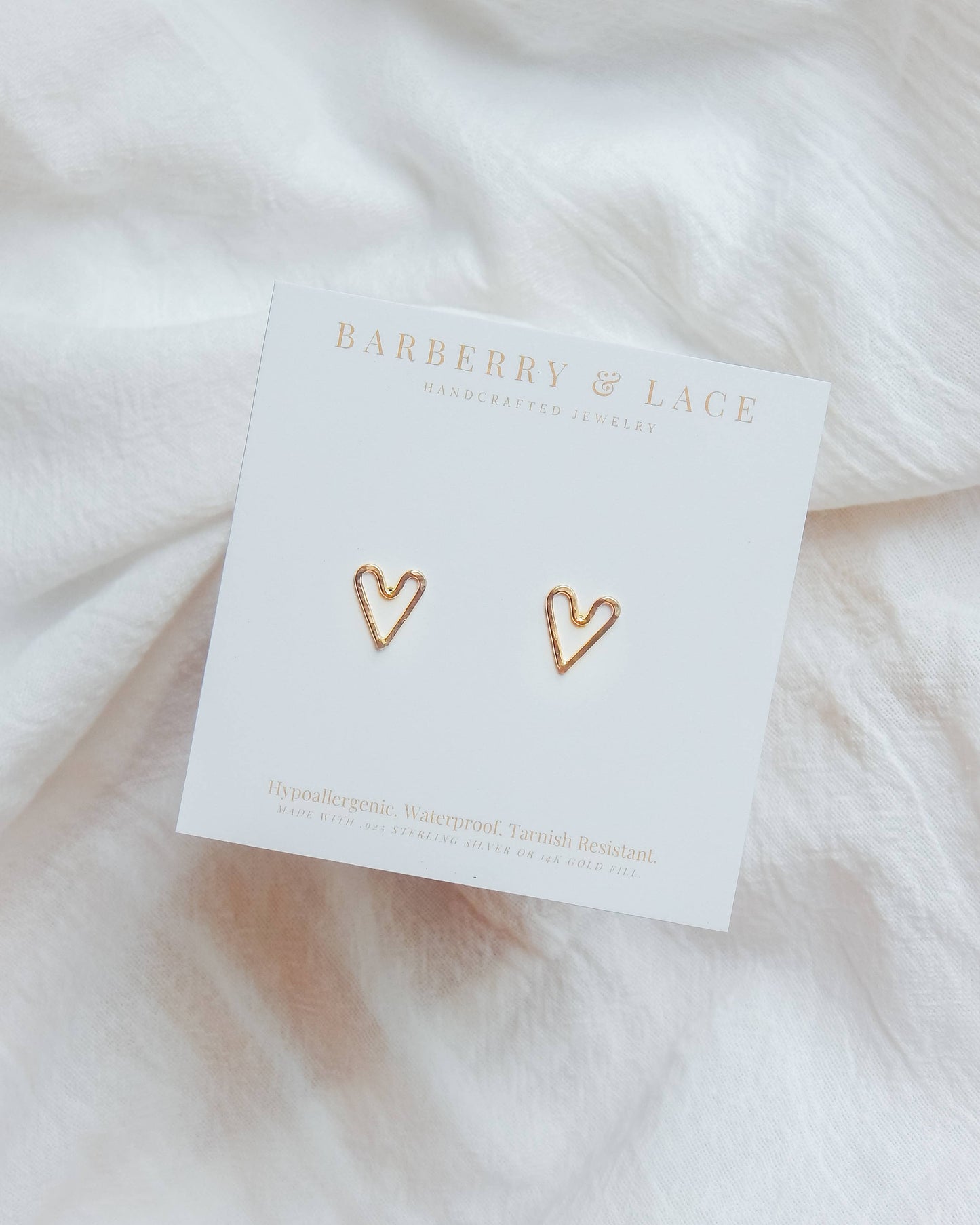 Hammered Heart Stud Earrings - Hypoallergenic, Waterproof: Silver