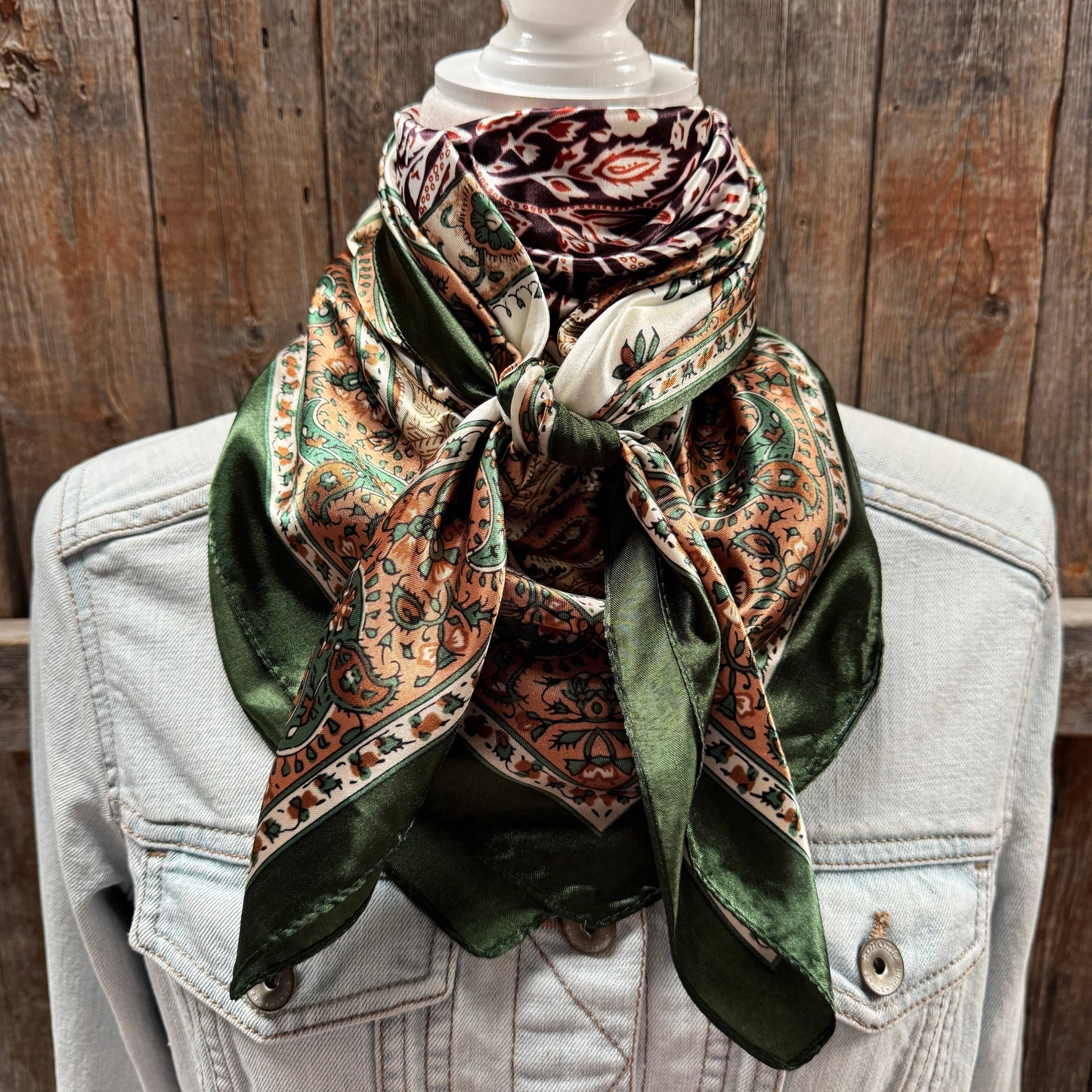 35X35" Green, Plum and Tan Floral Wild Rag/Scarf