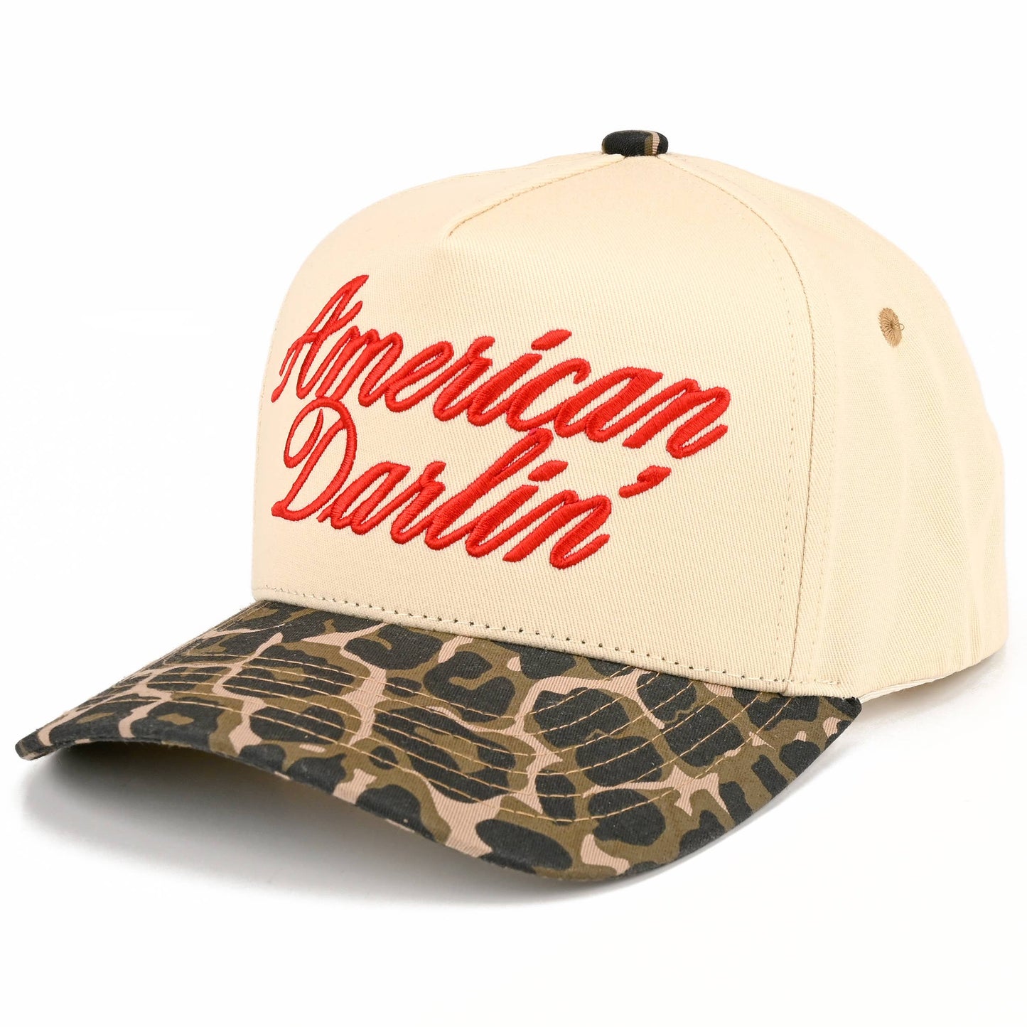 C.C AMERICAN DARLIN' Letter on Two Tone Trucker Hat: Red