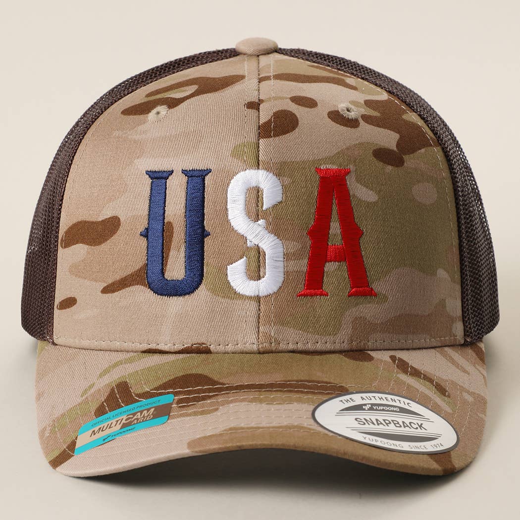 FLEXFIT YP USA Embroidered Camo Trucker Hat: MULTICAM TROPIC / GREEN / ONE SIZE