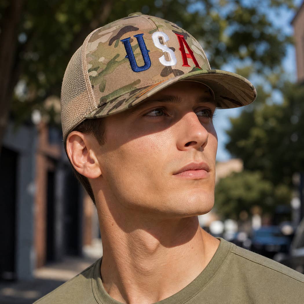 FLEXFIT YP USA Embroidered Camo Trucker Hat: MULTICAM KHAKI / ONE SIZE