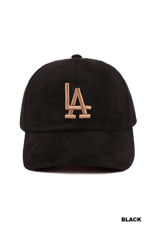 LA Embroidered Classic Suede Baseball Cap: BLACK