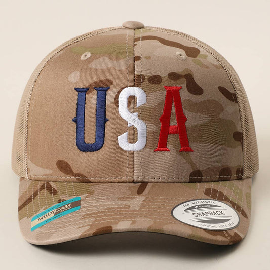 FLEXFIT YP USA Embroidered Camo Trucker Hat: MULTICAM KHAKI / ONE SIZE