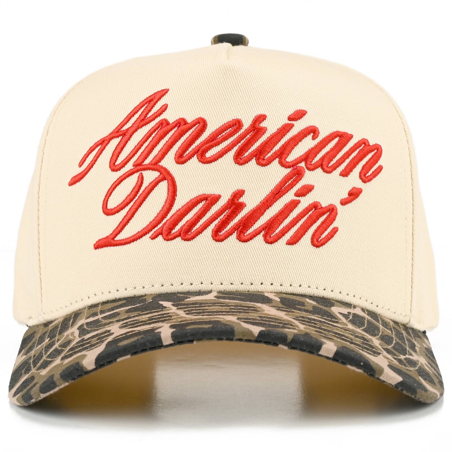 C.C AMERICAN DARLIN' Letter on Two Tone Trucker Hat: Red