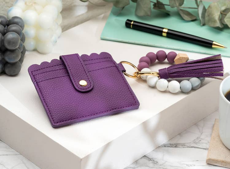 Leather Keychain Wallet With Wristlet Bangle Bracelet: Black