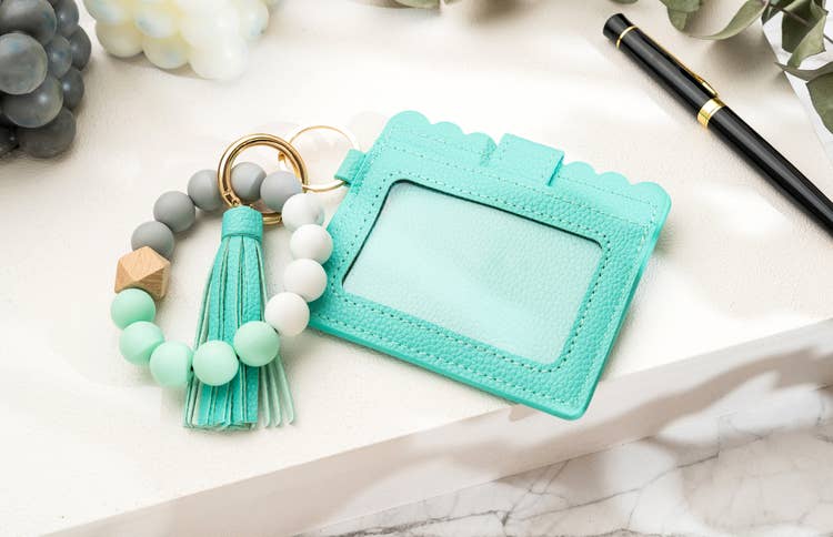 Leather Keychain Wallet With Wristlet Bangle Bracelet: Black
