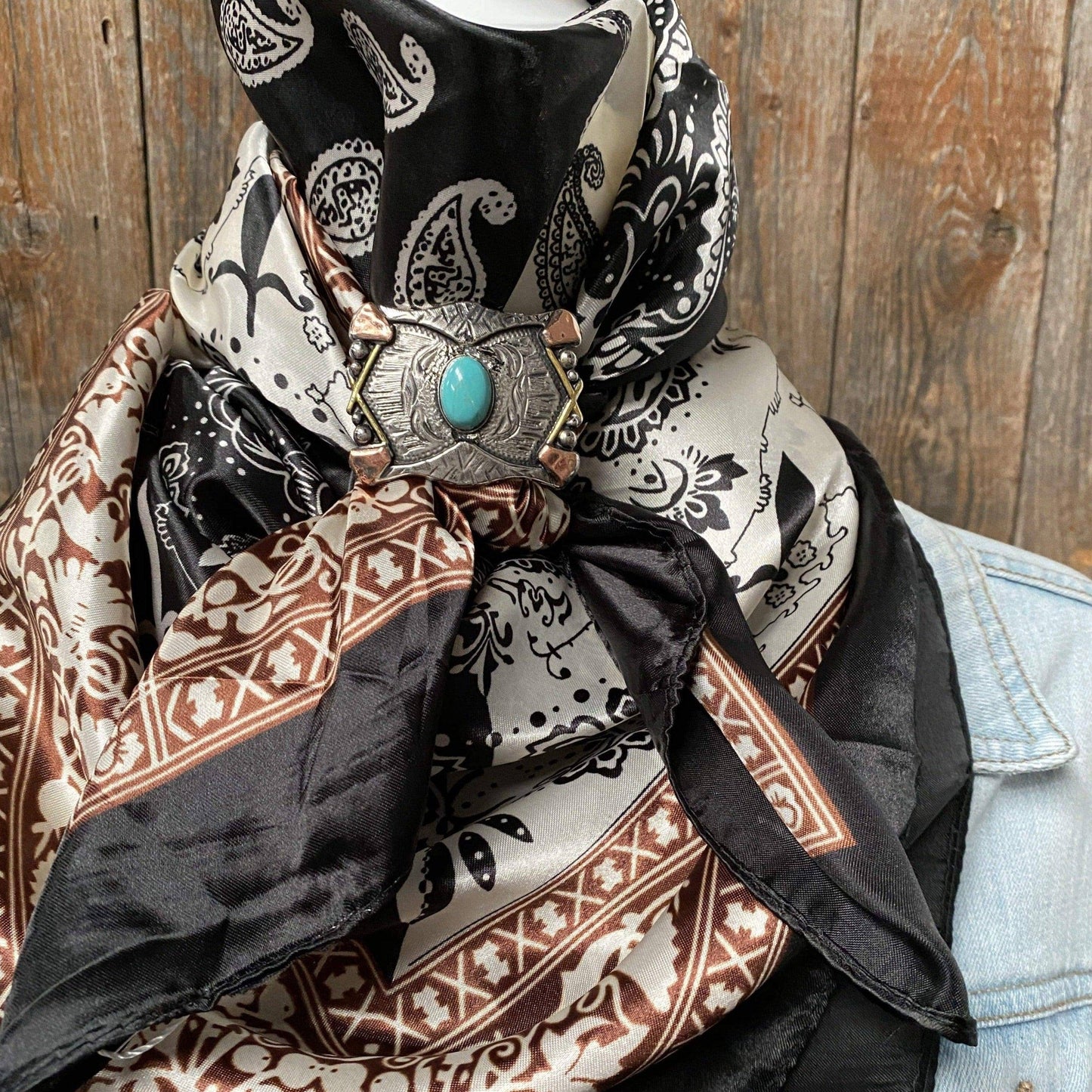 35X35" Two Tone Black Paisley Wild Rag/Scarf + Concho Slide
