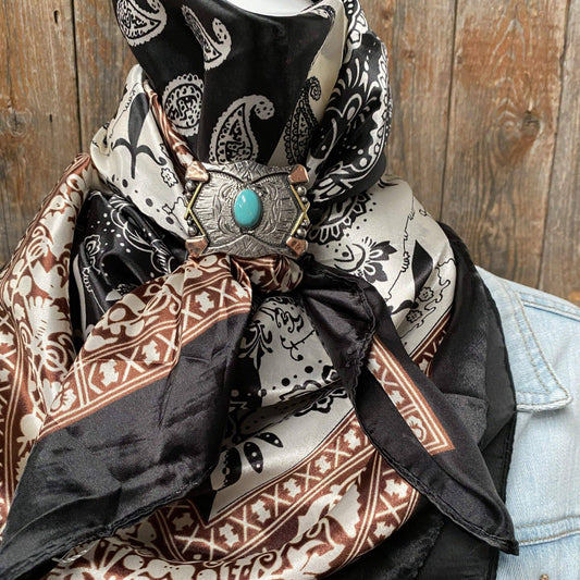 35X35" Two Tone Black Paisley Wild Rag/Scarf + Concho Slide