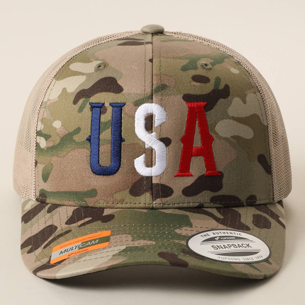 FLEXFIT YP USA Embroidered Camo Trucker Hat: MULTICAM ARID / TAN / ONE SIZE