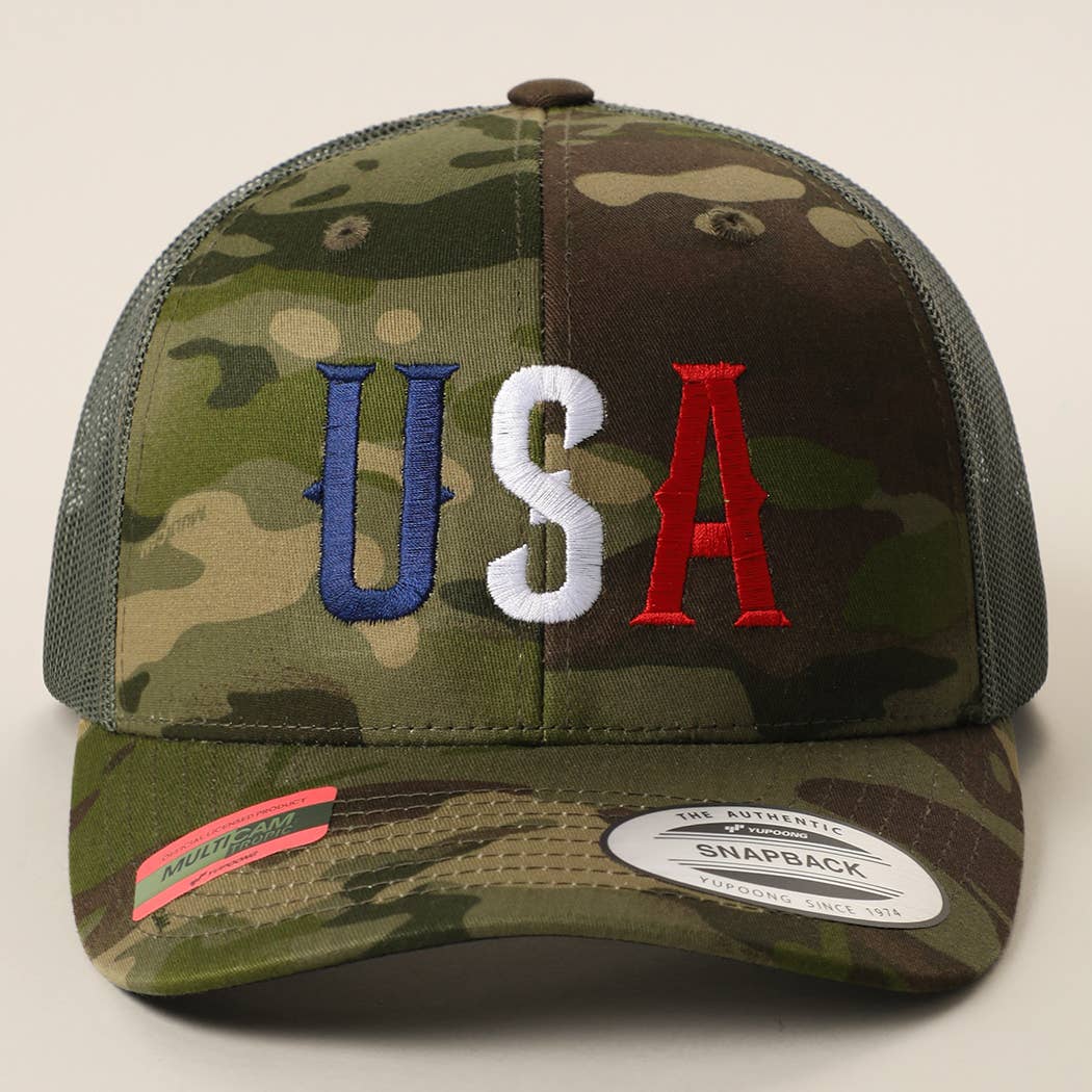 FLEXFIT YP USA Embroidered Camo Trucker Hat: MULTICAM TROPIC / GREEN / ONE SIZE