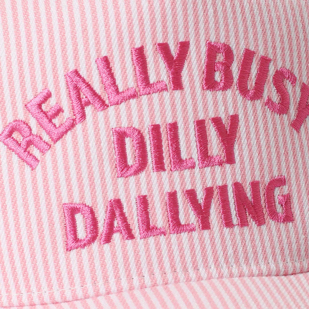 REALLY BUSY DILLY DALLYING Embroidered Seersucker Stripe Hat: BLUE / ONE SIZE