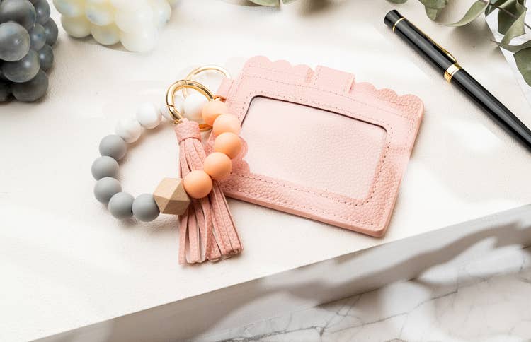 Leather Keychain Wallet With Wristlet Bangle Bracelet: Gray