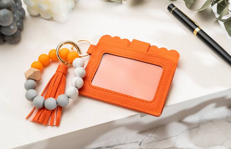 Leather Keychain Wallet With Wristlet Bangle Bracelet: Caramel