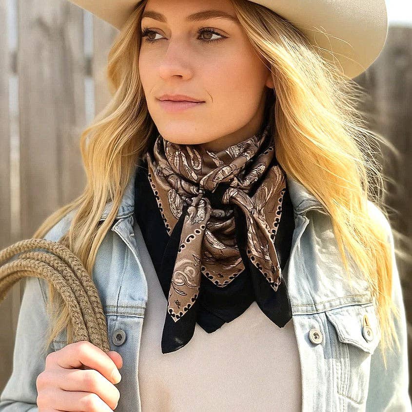 35X35"  Black and Tan Floral Paisley Wild Rag/Scarf