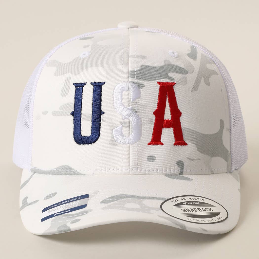 FLEXFIT YP USA Embroidered Camo Trucker Hat: MULTICAM ARID / TAN / ONE SIZE