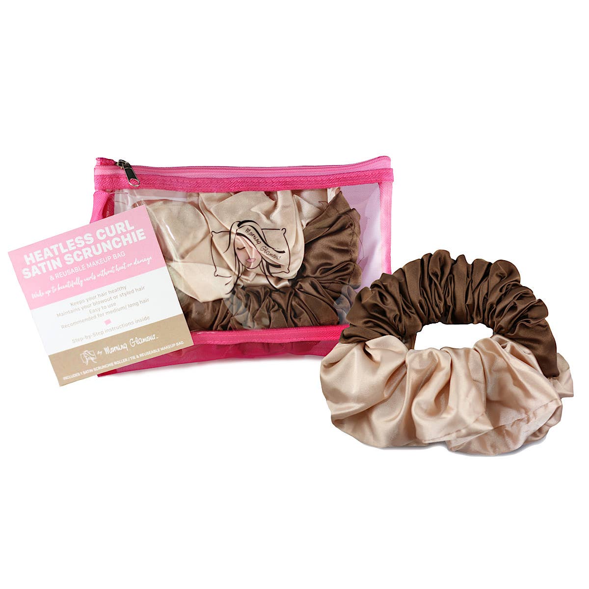Satin Heatless Curl Scrunchie: Pink/Champagne