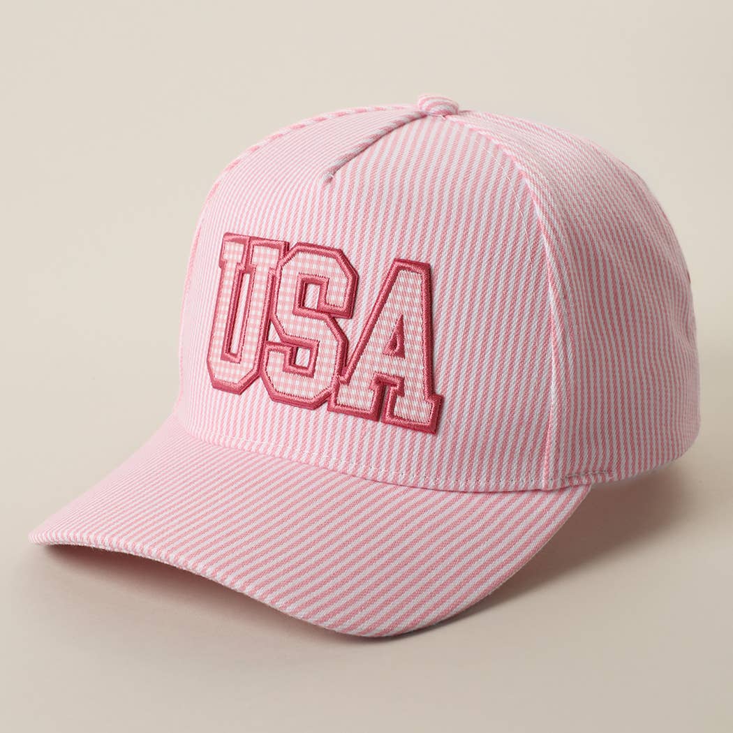 USA Embroidered Patch Gingham Stripe Trucker Hat: PINK / One Size