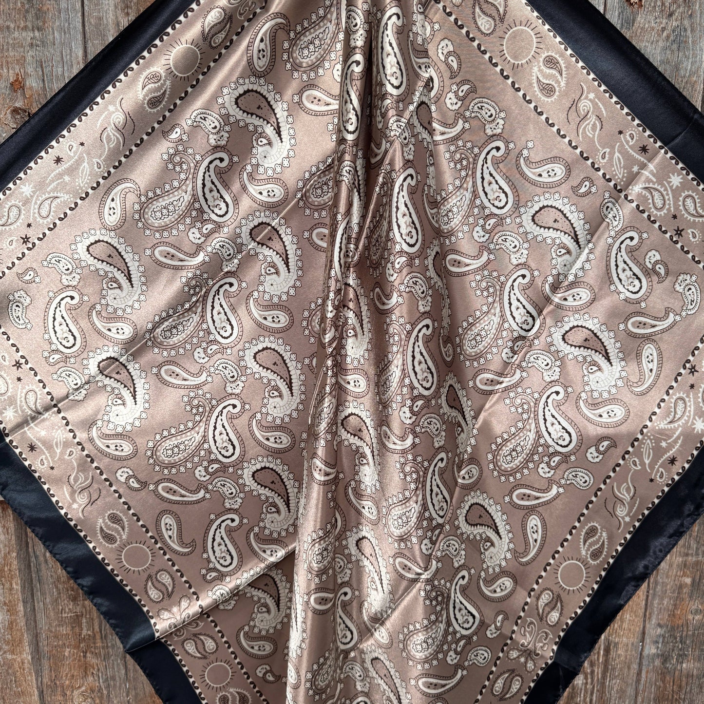 35X35"  Black and Tan Floral Paisley Wild Rag/Scarf
