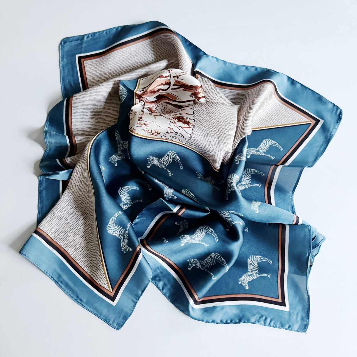 Silky Muse Satin Square Scarf - Khaki Paisley