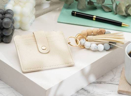 Leather Keychain Wallet With Wristlet Bangle Bracelet: Light Cream