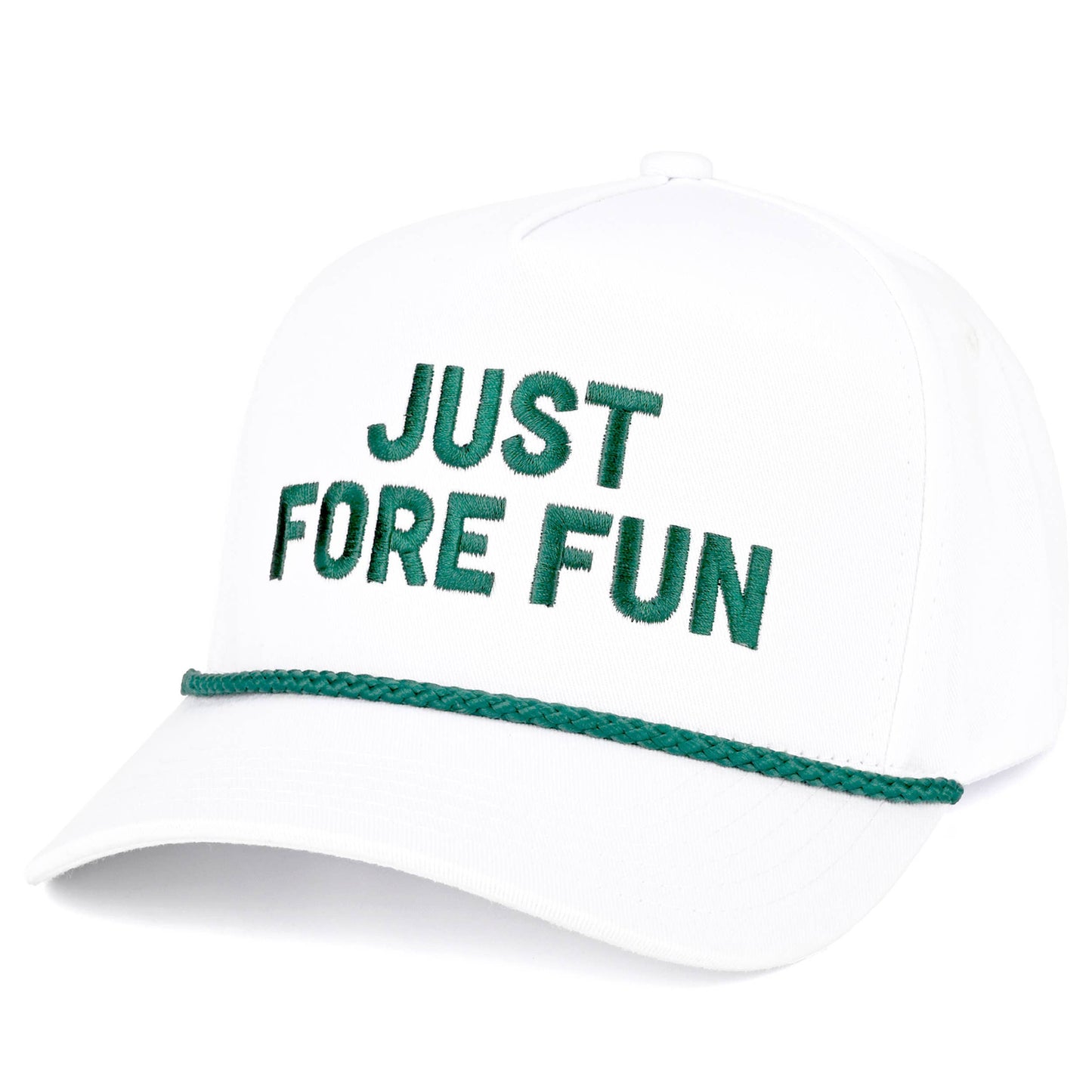 C.C JUST FORE FUN Letter Embroidered on Two Tone Trucker Hat: Dark Green/White