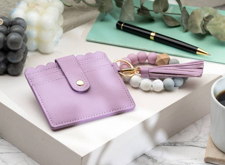 Leather Keychain Wallet With Wristlet Bangle Bracelet: Lilac