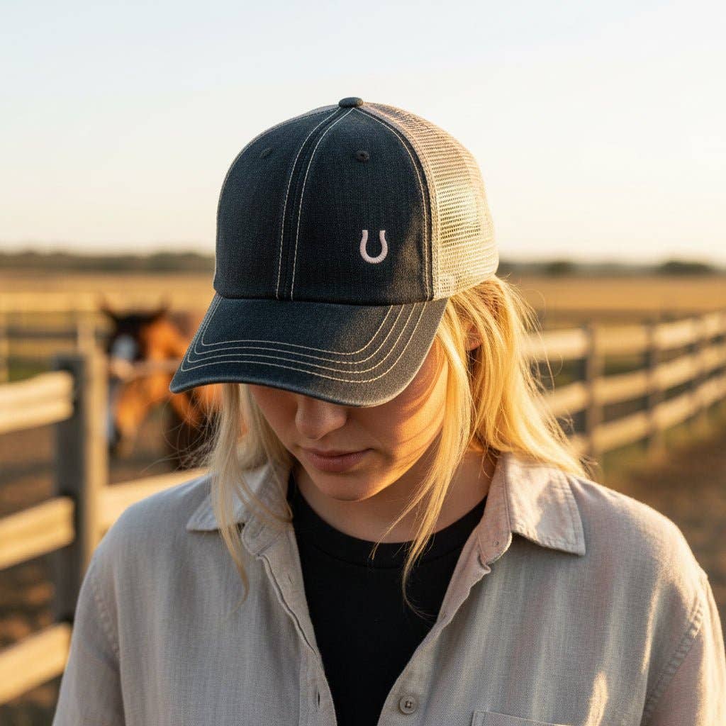 Blue Denim Horseshoe Trucker Hat