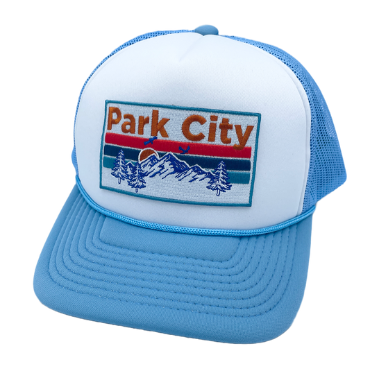 Park City, Utah Trucker Hat - Retro Mountain Sky Blue/White
