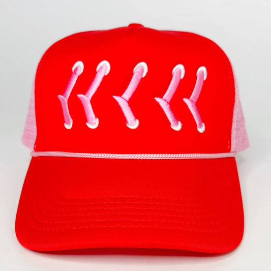 BRUINS Baseball Stitch Trucker Hat: Red/Pink