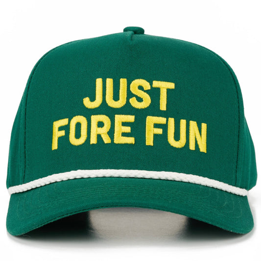 C.C JUST FORE FUN Letter Embroidered on Two Tone Trucker Hat: Dark Green/White