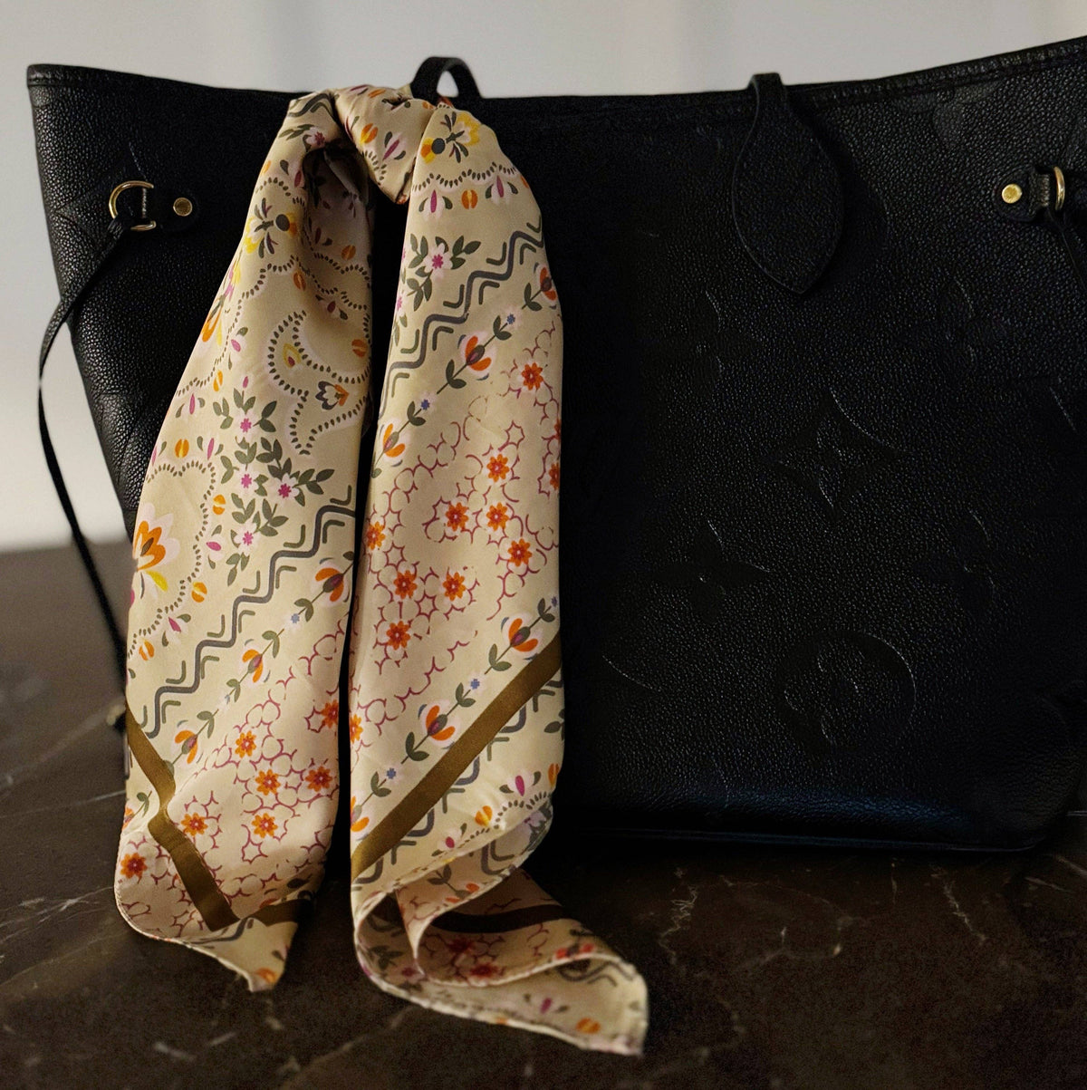 Silky Muse Satin Square Scarf - Khaki Paisley