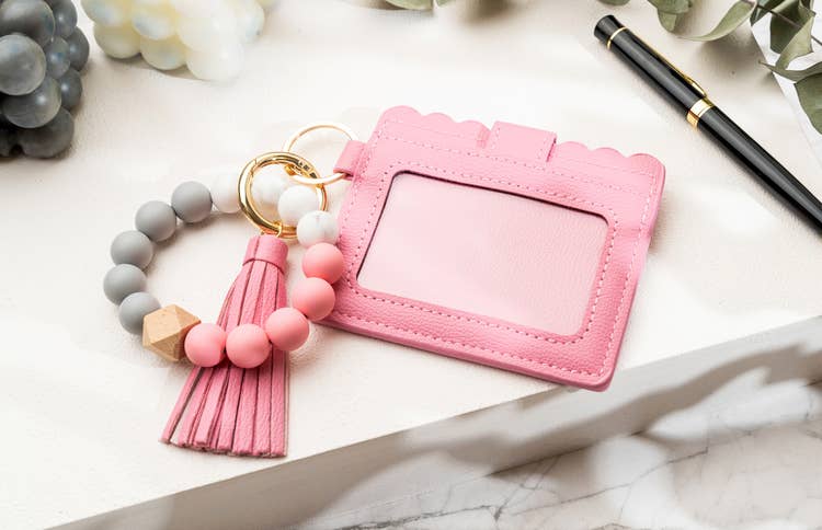 Leather Keychain Wallet With Wristlet Bangle Bracelet: Red