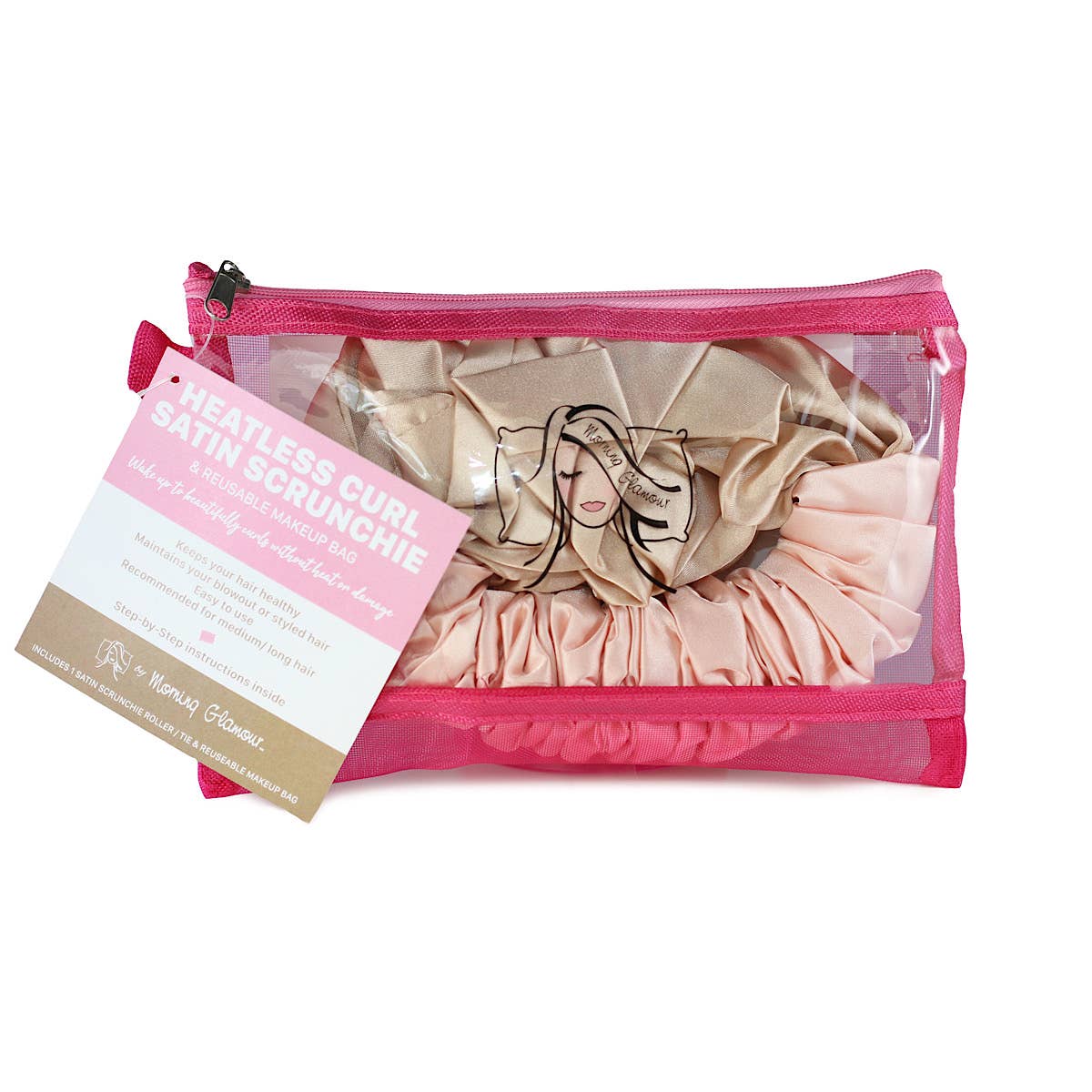 Satin Heatless Curl Scrunchie: Pink/Champagne