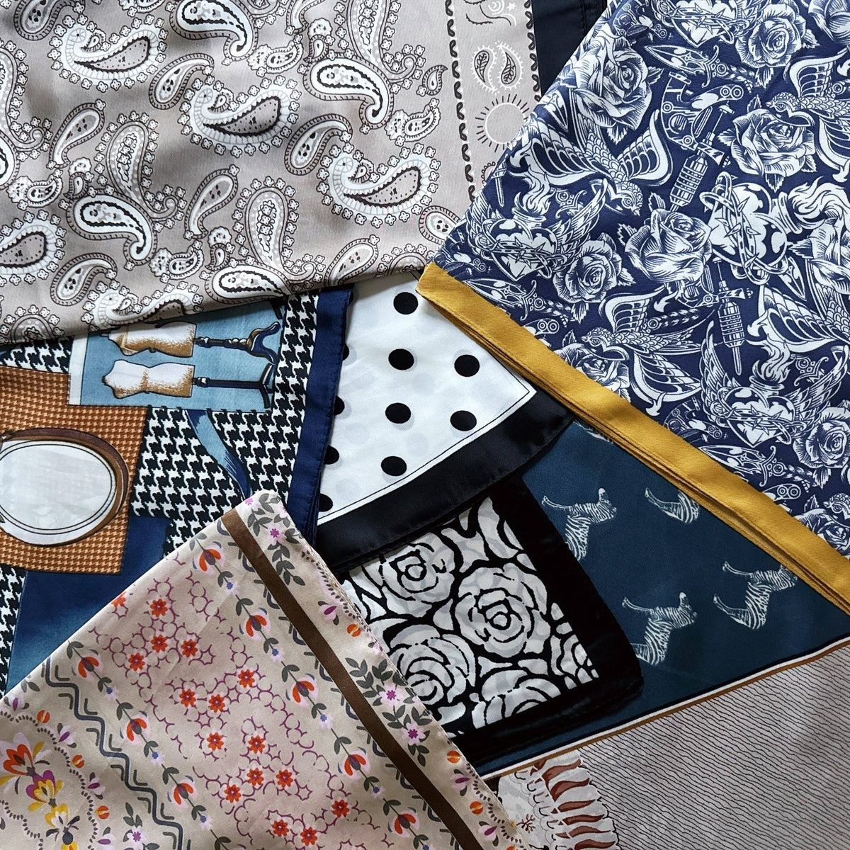 Silky Muse Satin Square Scarf - Khaki Paisley