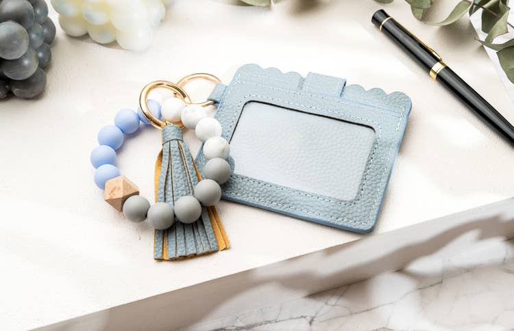 Leather Keychain Wallet With Wristlet Bangle Bracelet: Rose Gold