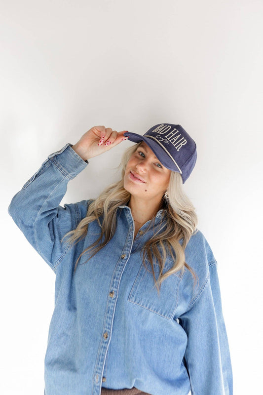 KAXI BAD HAIR DAY TRUCKER HAT: DARK DENIM CORDUROY