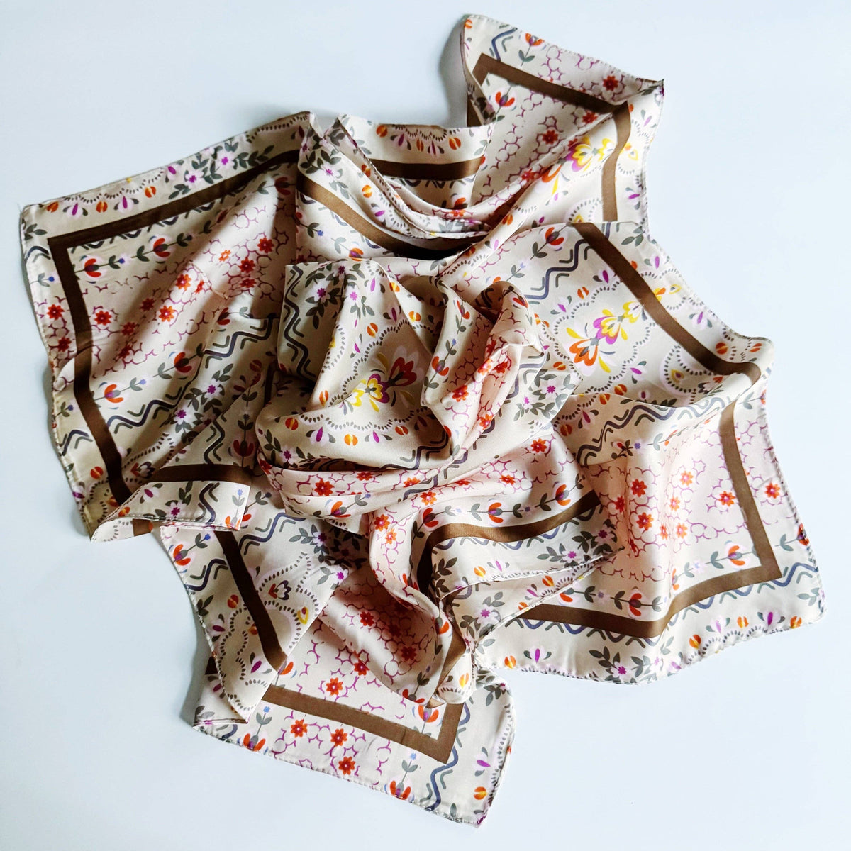 Silky Muse Satin Square Scarf - Khaki Paisley