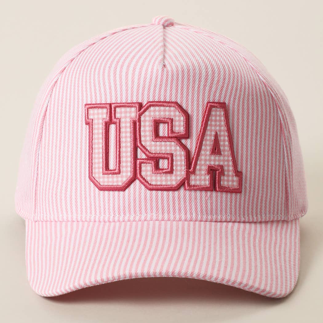 USA Embroidered Patch Gingham Stripe Trucker Hat: PINK / One Size