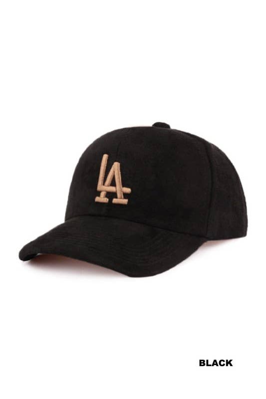 LA Embroidered Classic Suede Baseball Cap: BLACK