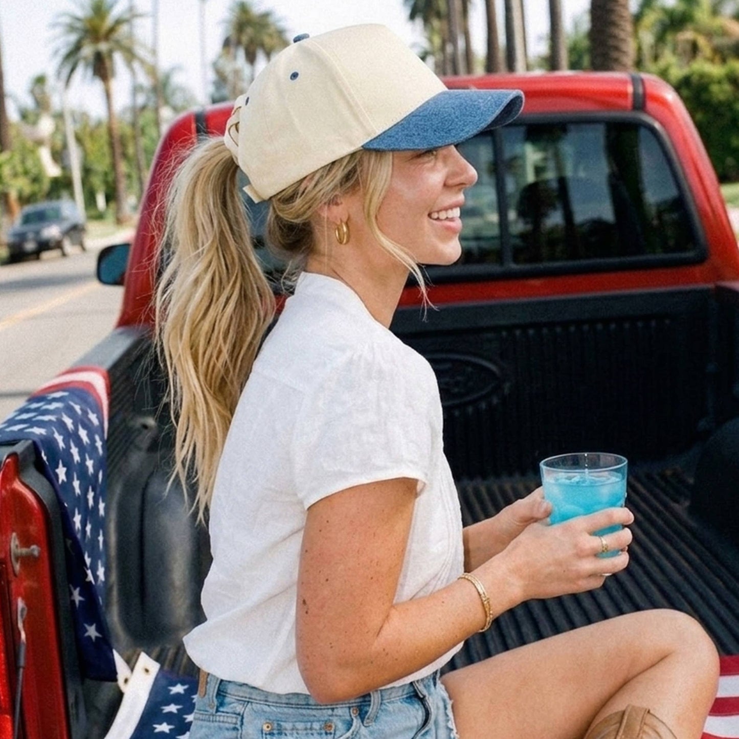 C.C Two Tone Cotton Criss-Cross Back Ponytail Trucker Hat: Black