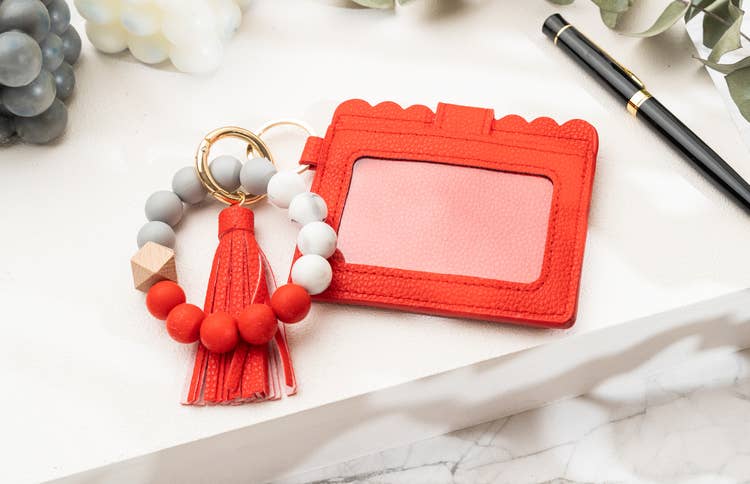 Leather Keychain Wallet With Wristlet Bangle Bracelet: Caramel