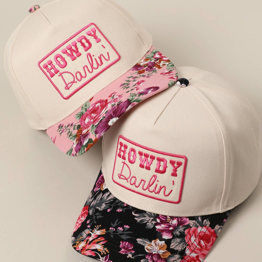 HOWDY Darlin' Embroidery Patch Floral Two-Tone Hat: Black